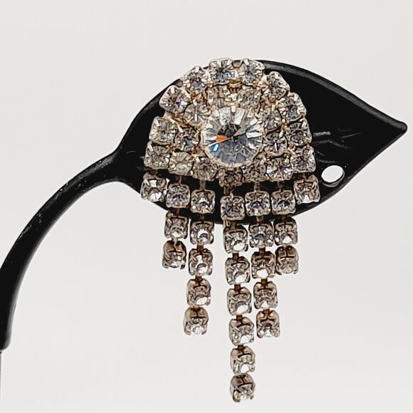 Vintage Clear Rhinestone Dangle Clip Earrings, 1.5 Inch Length - Picture 6 of 10